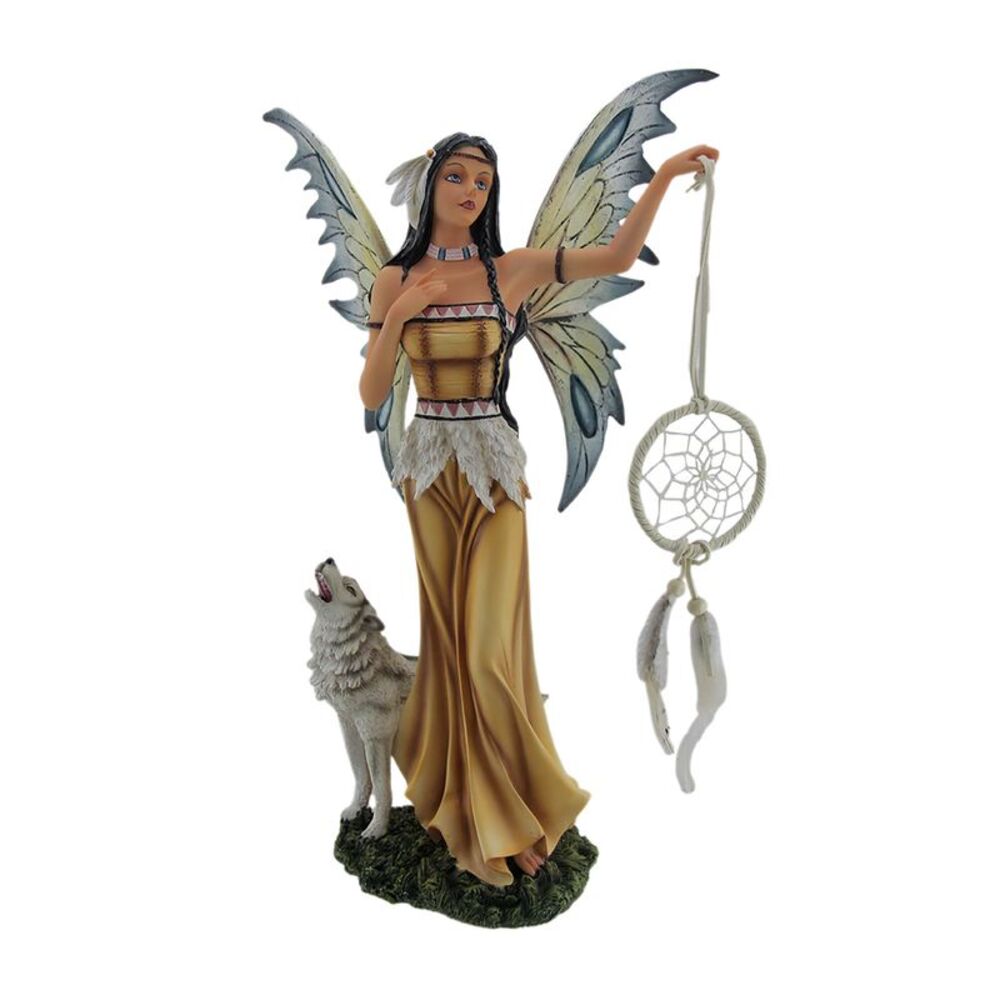 Una and Tala The Native American Dream Fairy and White Wolf Statue